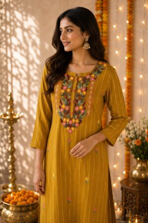 Festive Bloom Kurti - Mustard